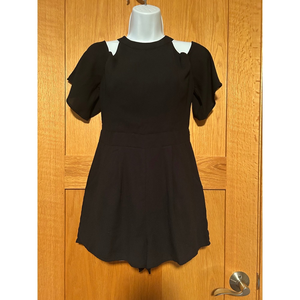 Vintage Y2K Black Open Shoulder Pleated Romper Mock Neck w/ Pockets Size S